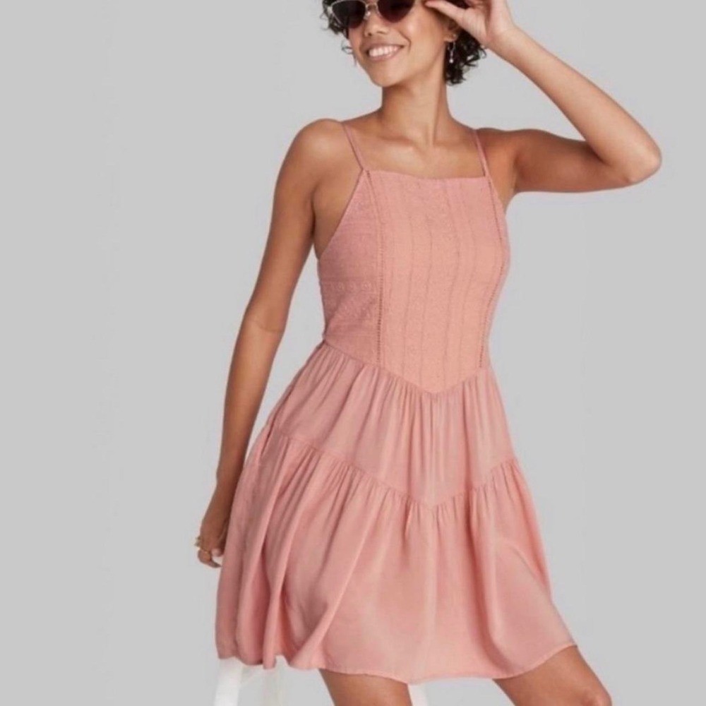 Wild Fable Coral Pink Eyelet Tiered Mini Dress Smocked Back Large